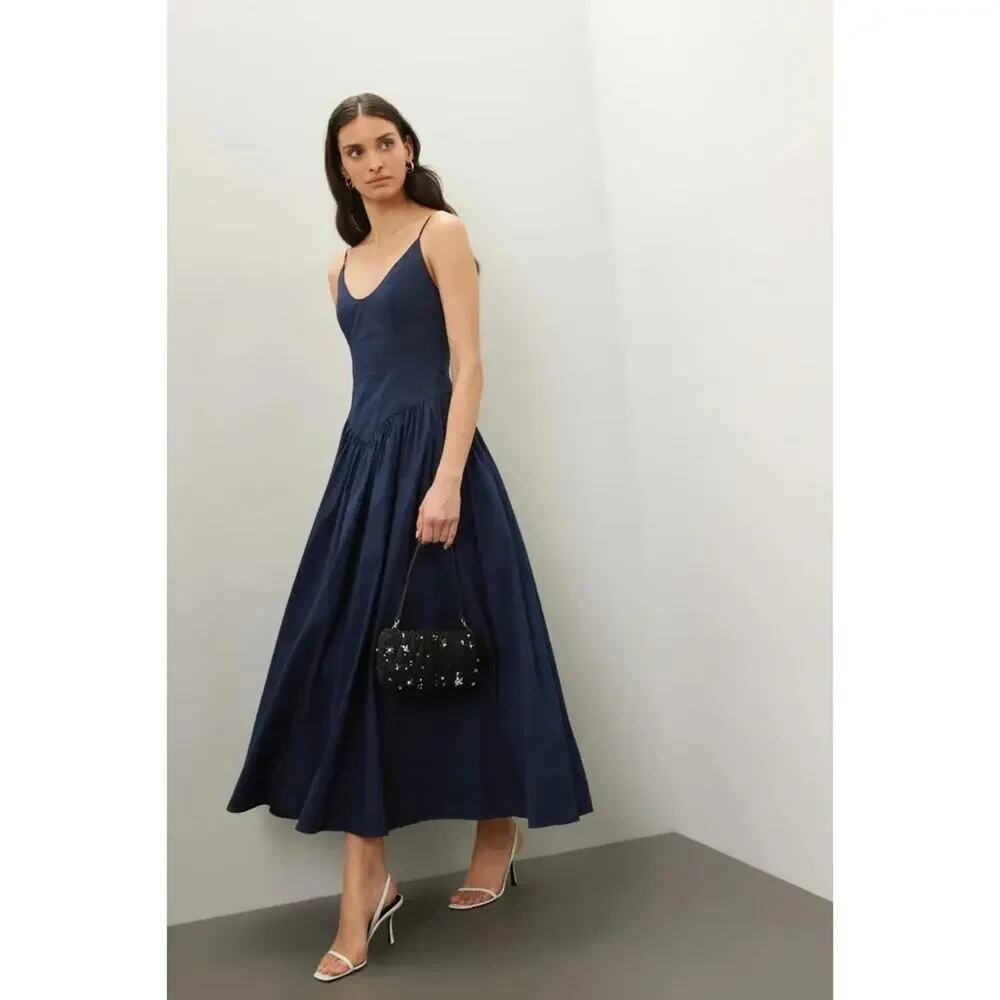 STAUD Dena Dress drop waist poplin classic mid-length cut flared skirt, Size 4